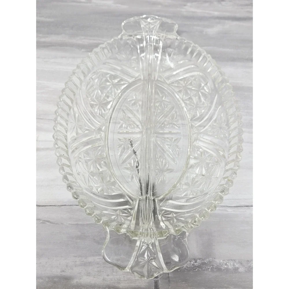 Vtg Anchor Hocking Clear Oval Divided Relish Dish Star Cut Design‎
